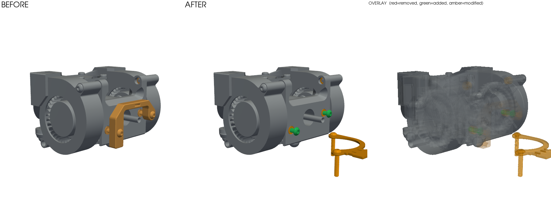 Rendered geometric diff of the Jubilee Orbiter extruder tool between two real revisions